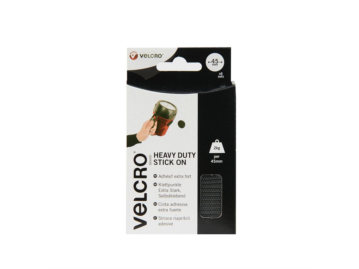 VELCRO® Boutons ronds 45mm x 6 noirs, crochets&velours autocollants extra fort