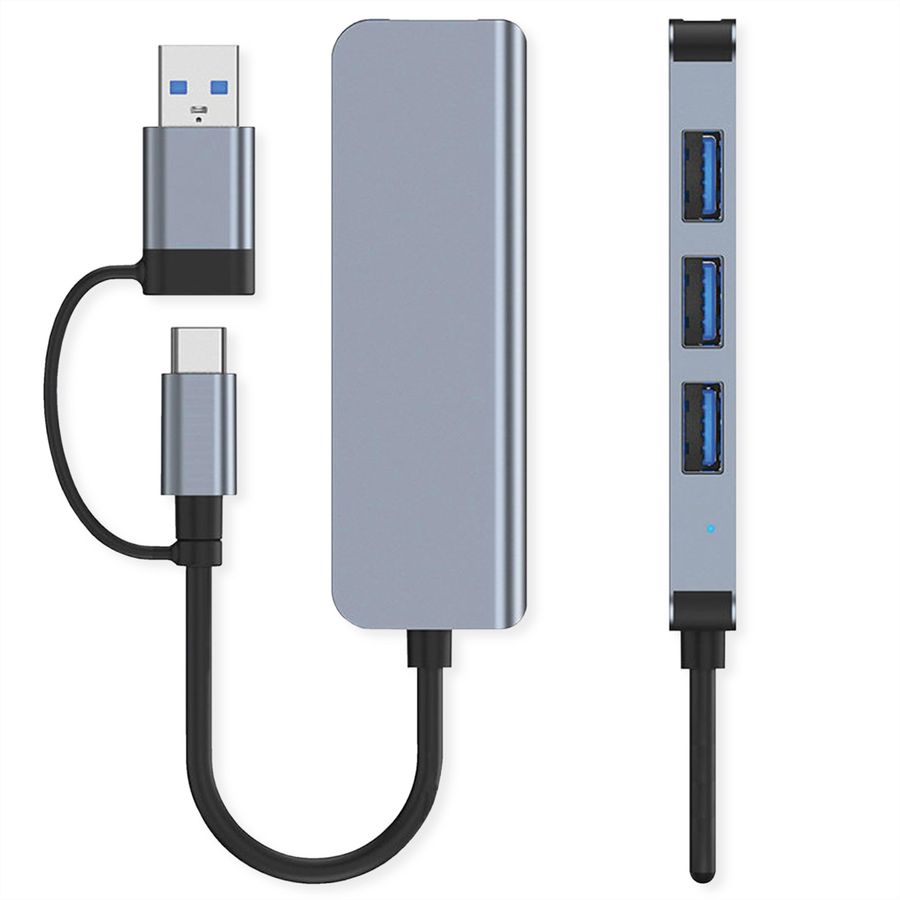 VALUE USB3.2 Gen1 Metall Hub, 4fach Typ A, (1x USB 3.2Gen1 + 3x USB 2.0), Typ A+C Anschlusskabel