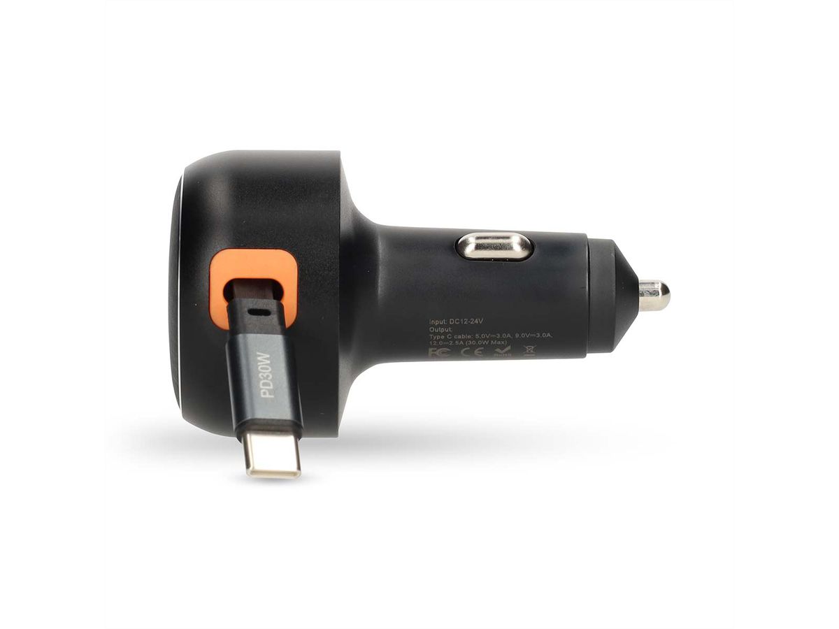 Nedis Auto-Ladegerät – 30 W mit aufrollbarem USB-C-Kabel, car charger 30W - Dunkel Grau