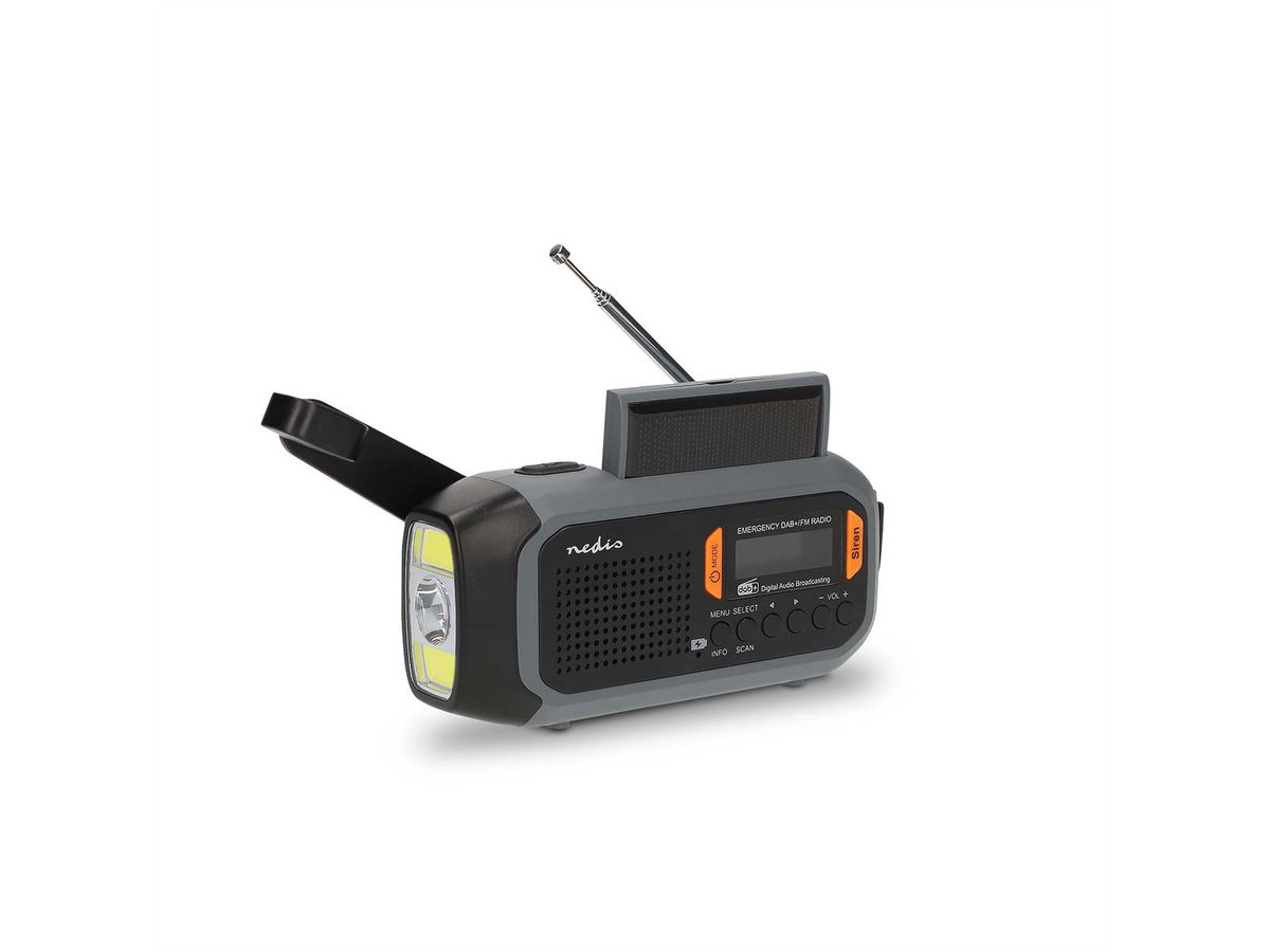 Radio d'urgence Nedis DAB FM avec manivelle, panneau solaire et batterie externe, Radio d'urgence portable pour les situations d'urgence, le camping et les activités de plein air