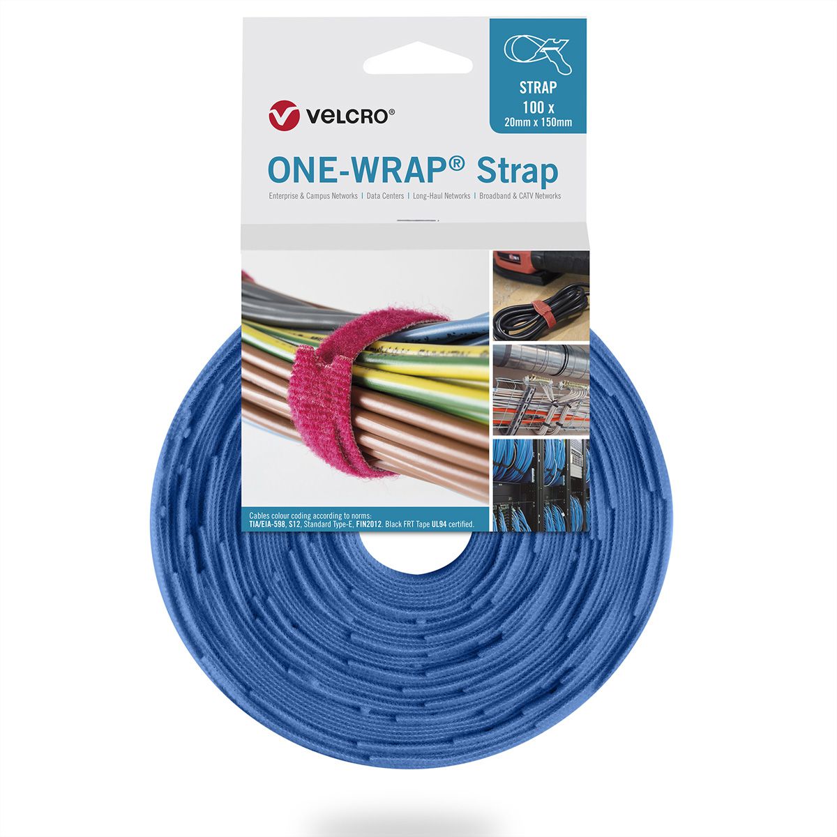 VELCRO® One Wrap® Strap 20mm x 330mm, 100 pièces, bleu