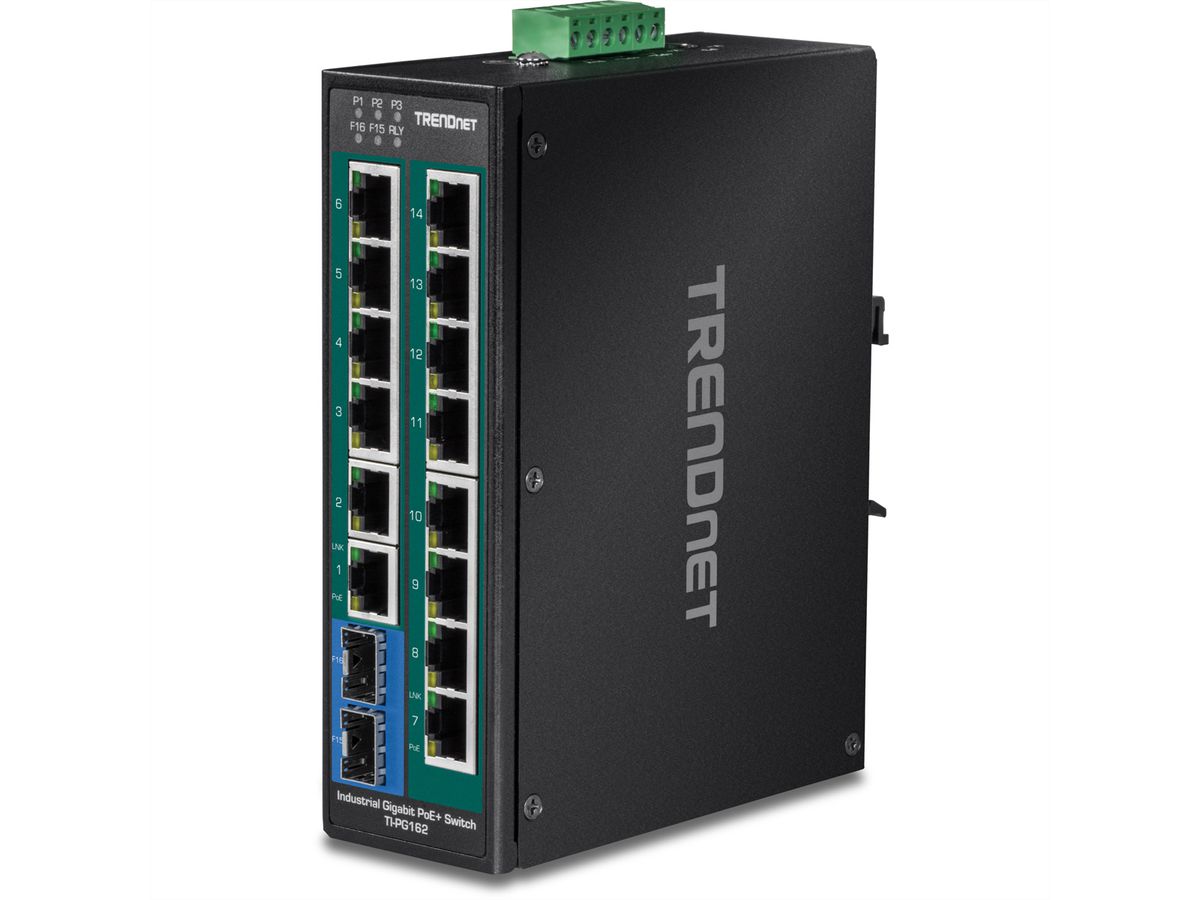 TRENDnet TI-PG162 Switch Rail DIN PoE+ Gigabit industriel à 16 ports