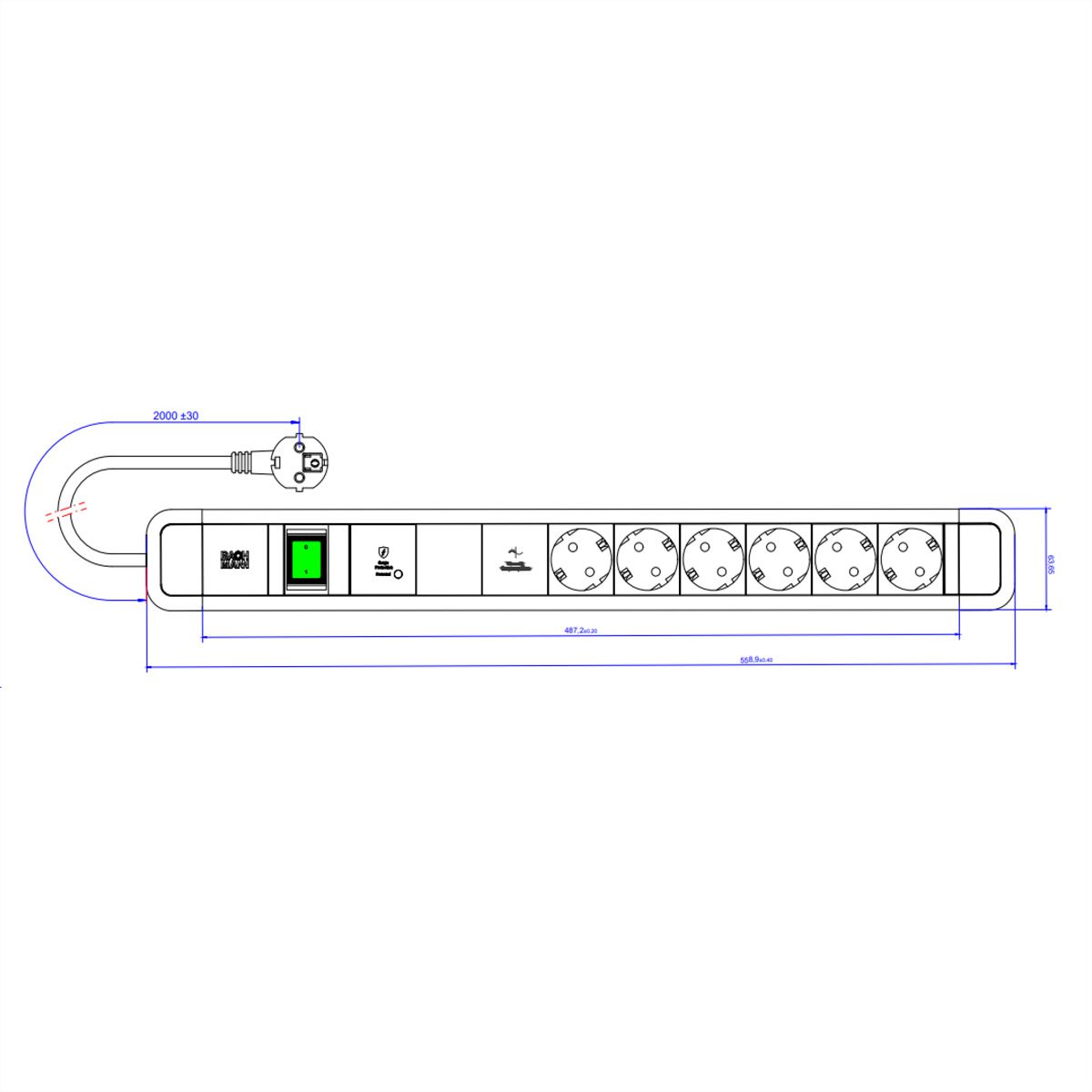 BACHMANN PRIMO 2 6xCEE7/3 1xGVS-Plus 1xinterrupteur 2,0m CEE7/7