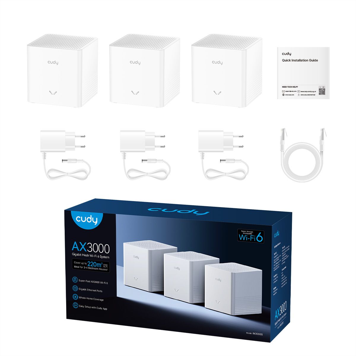 CUDY M3000S AX3000 Système Mesh Wi-Fi 6, pack de 3