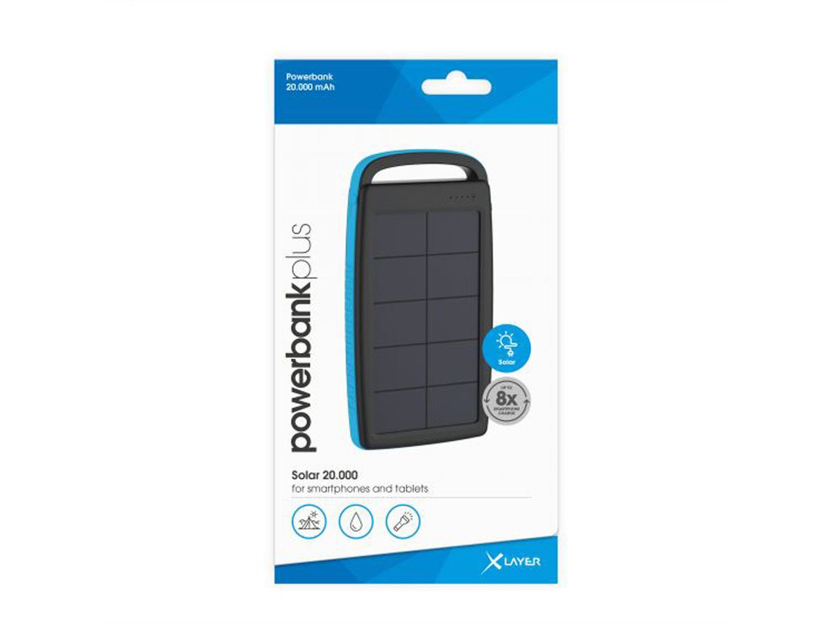 XLayer Powerbank Plus Solar 20'000mAh, schwarz/blau, USB, 5V/2.4A & 5V/1A