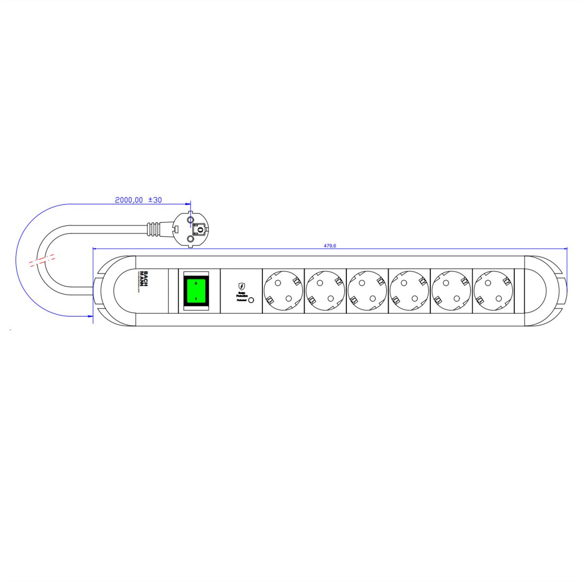 BACHMANN PRIMO 6xCEE7/3 1xSPD-Plus 1xinterrupteur 2,0m CEE7/7