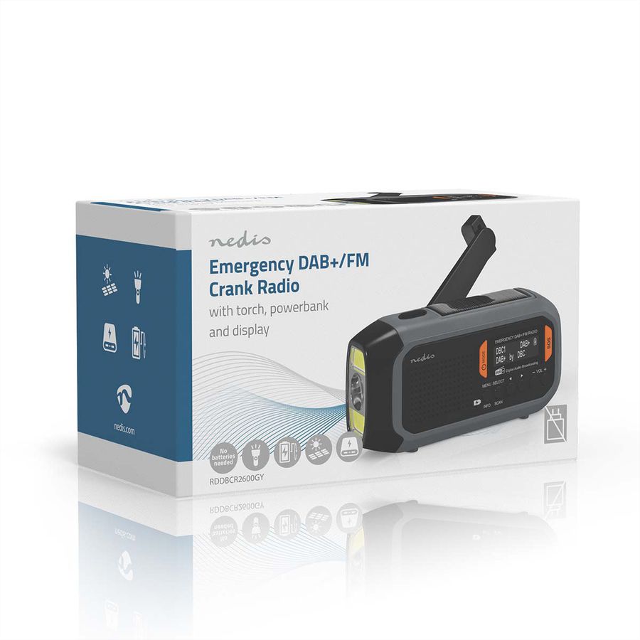 Nedis Notfallradio DAB FM mit Handkurbel Solarpanel und Powerbank, Tragbares Notfallradio fuer Notfaelle, Camping und Outdoor Anwendungen