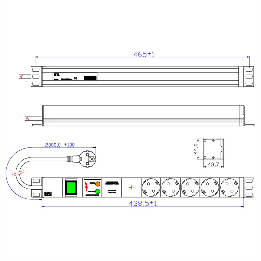 BACHMANN Bâti de prises 19" 5x avec GVS avec interrupteur