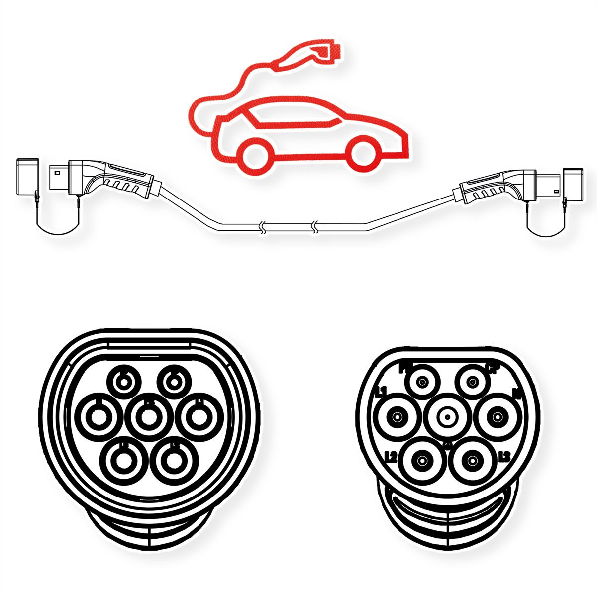 ROLINE E-Auto Ladekabel Typ2, 1-phasig, 250VAC (1P+N+E), 32 A, 7,4 kW, 7,5 m