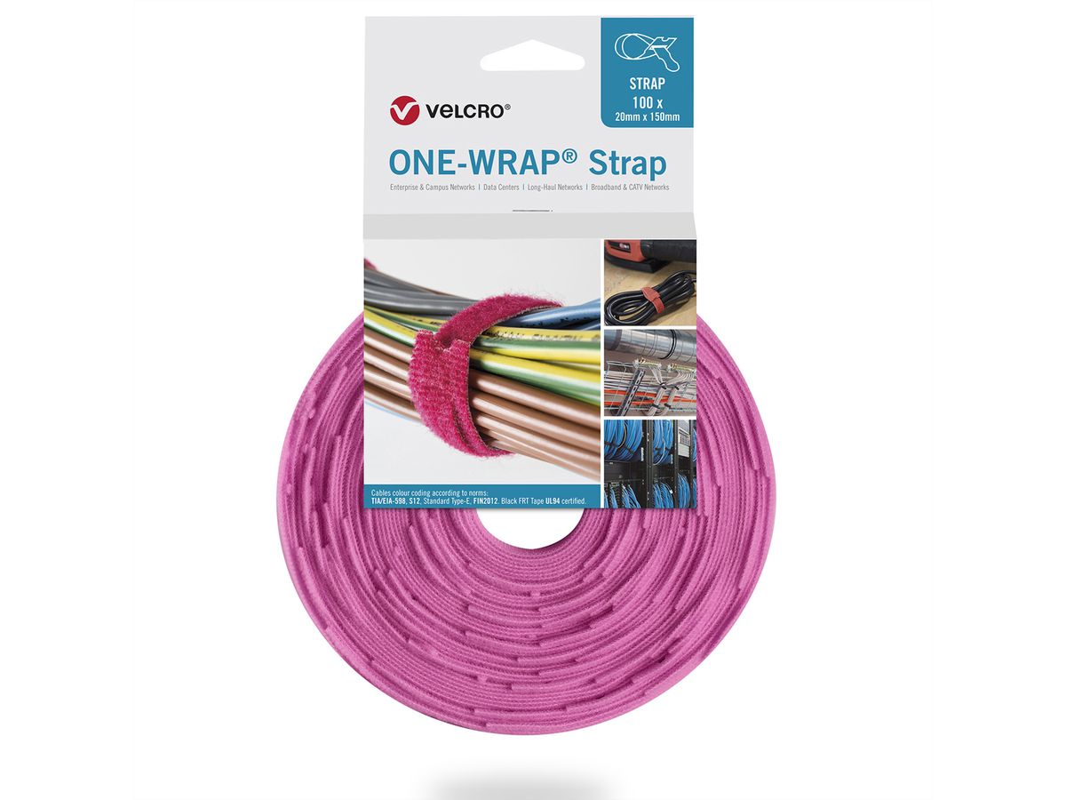 VELCRO® One Wrap® Strap 13mm x 200mm, 100 pièces, rose