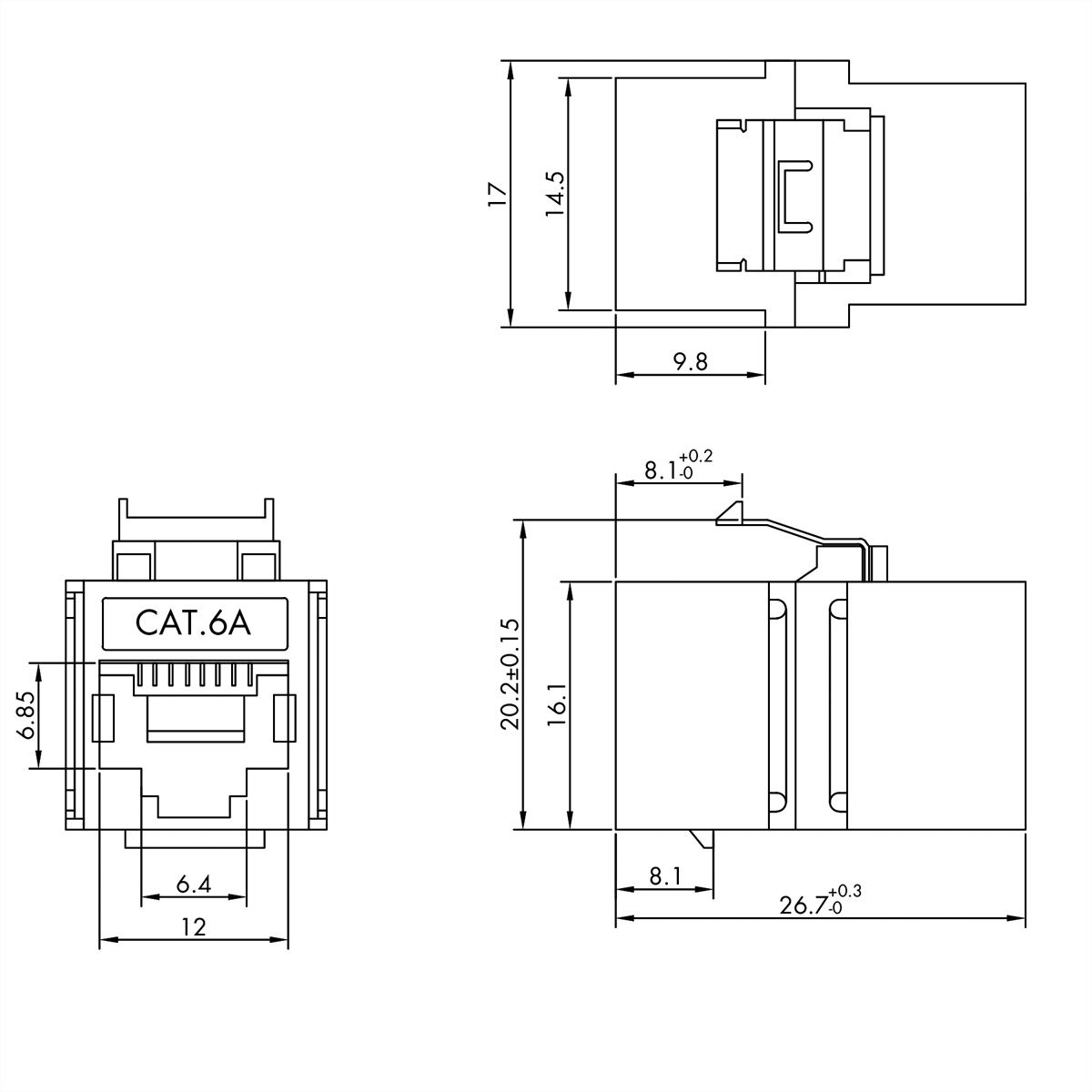 VALUE RJ-45 Kupplung, Keystone, geschirmt, Cat.6A (Class EA), kurze Ausführung, silberfarben