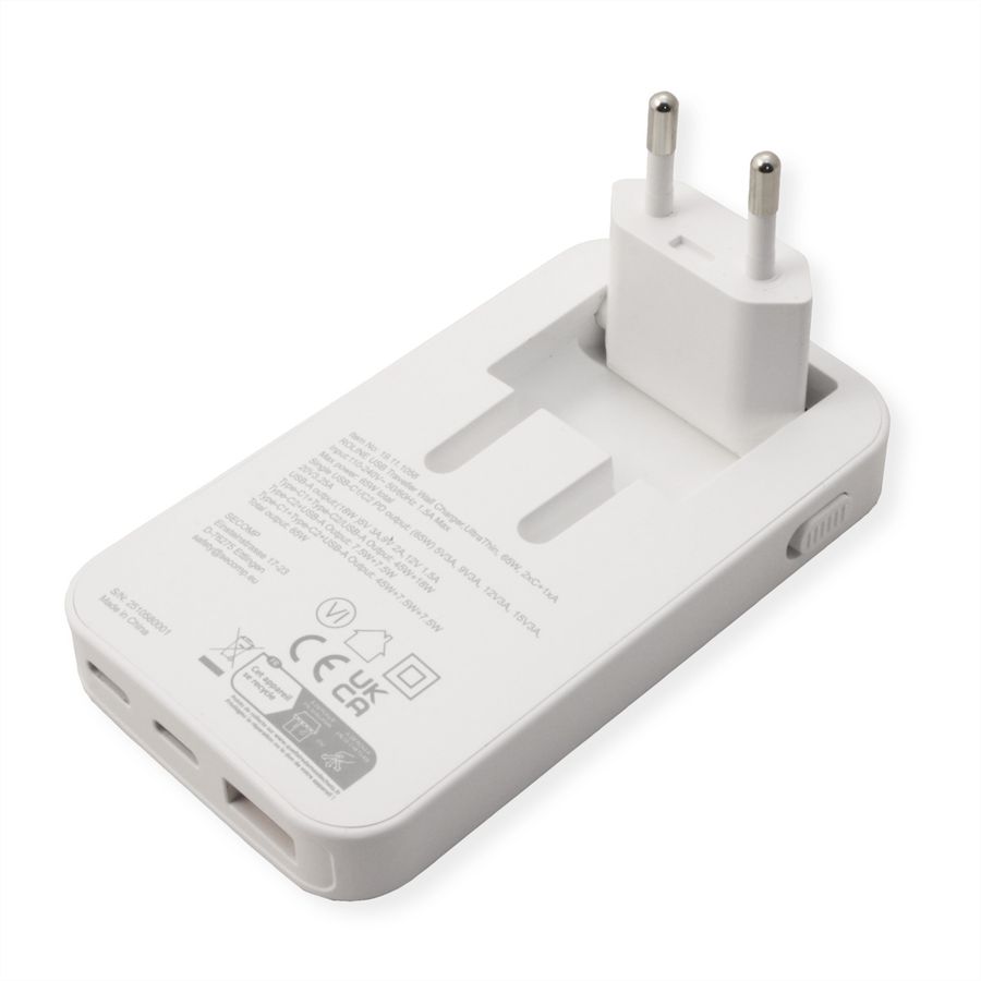 ROLINE Chargeur USB extra plat, avec prise Euro pliable, 65W