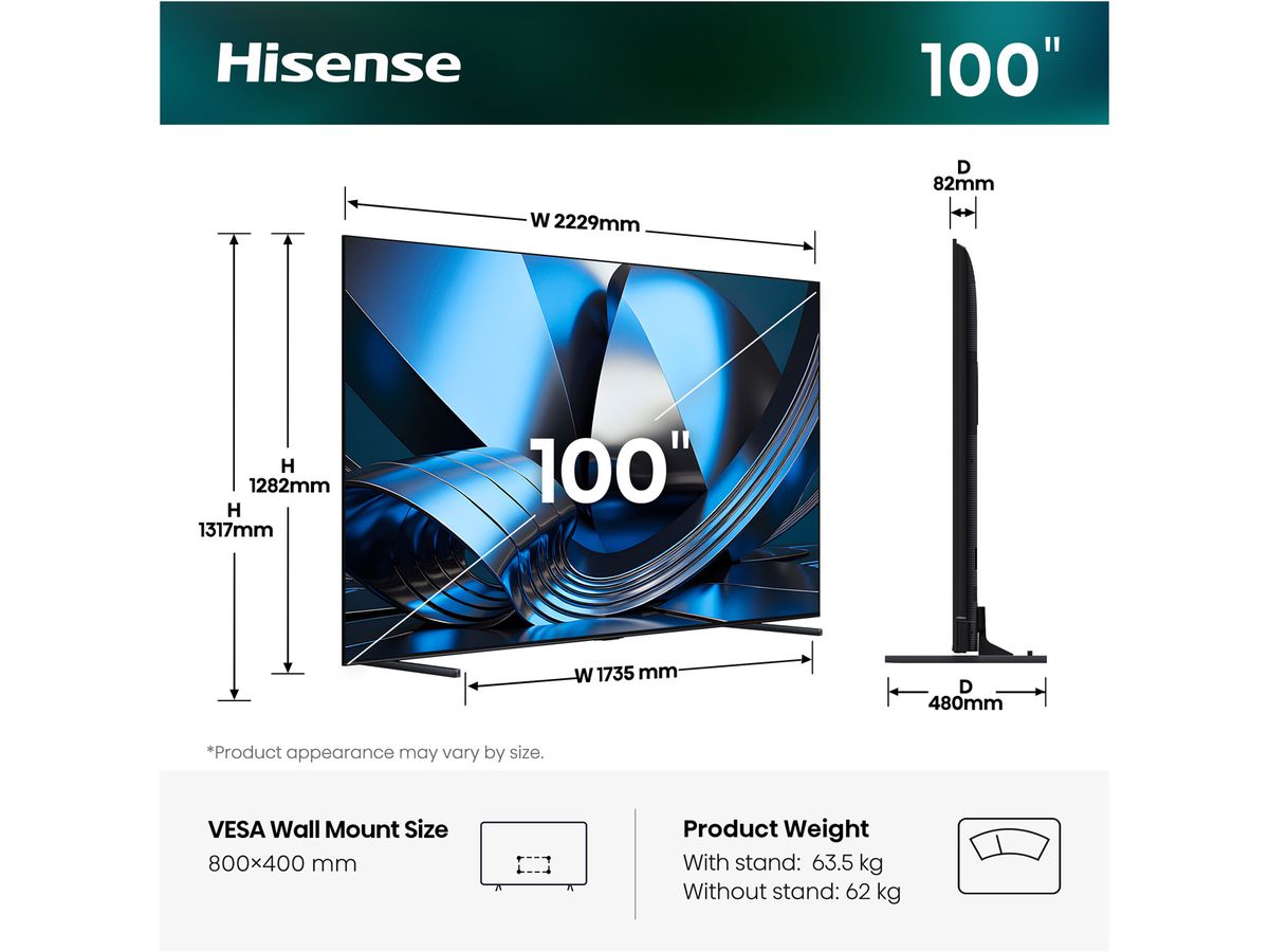 Hisense TV 100U7DSE 100", Mini-LED 4K, 165Hz, 1000 Nits
