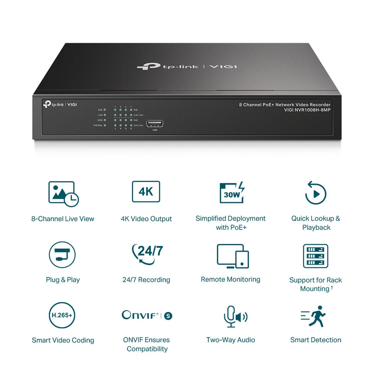 TP-Link NVR1008H-8MP NVR Netzwerk-Videorekorder 8-CH, 8x PoE