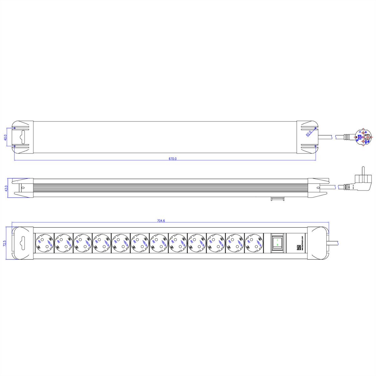 BACHMANN CONNECTUS Steckdosenleiste 12x Schutzkontakt, Kunststoff, mit Schalter, 2,0m