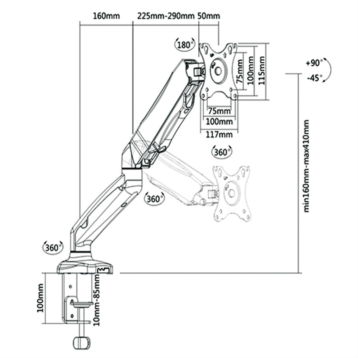 VALUE Support LCD, vérin à gaz, 5 articulations, fixation sur bureau, noir