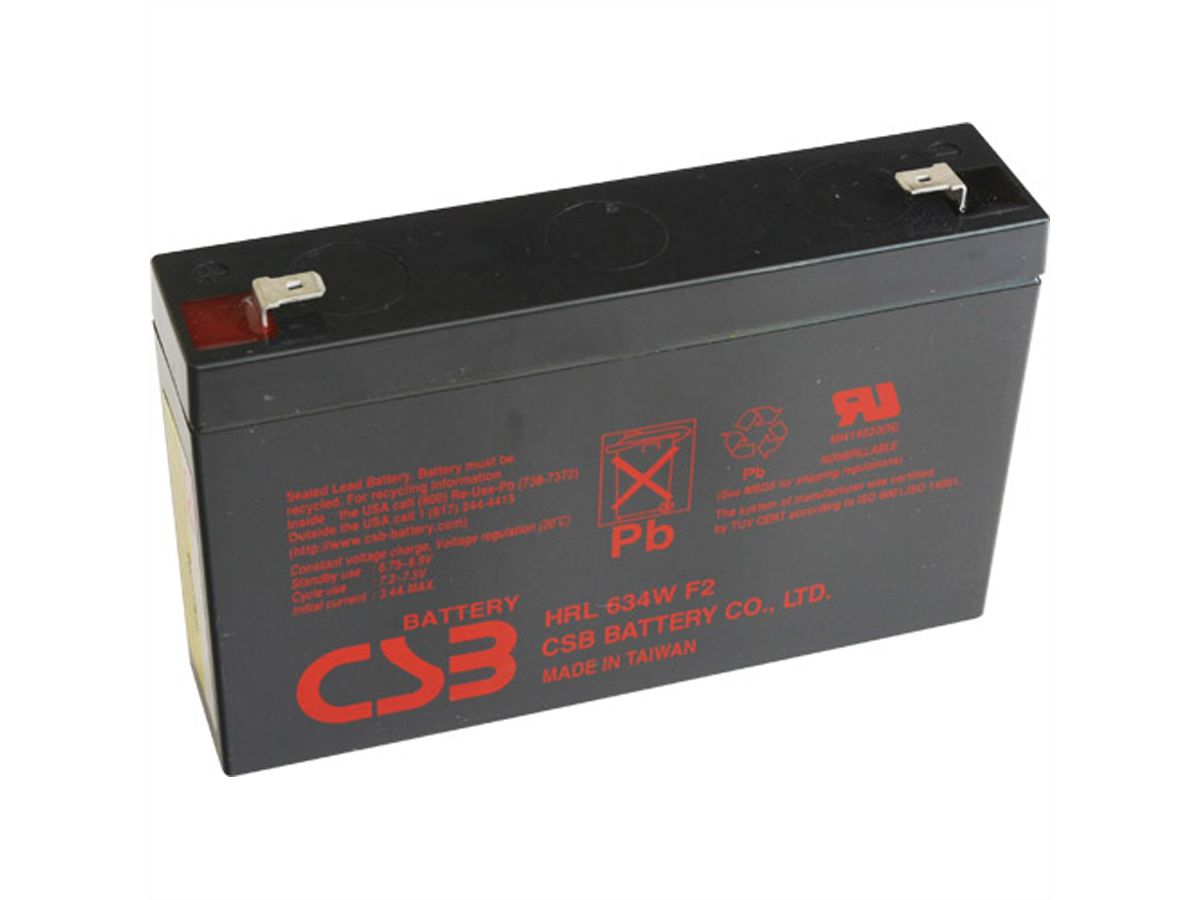 CSB 6VDC 9Ah Verschlossener, wartungsfreier Bleiakkumulator, Anschlüsse Faston 250 6.3mm links / rechts, Ideal für USV Anlagen