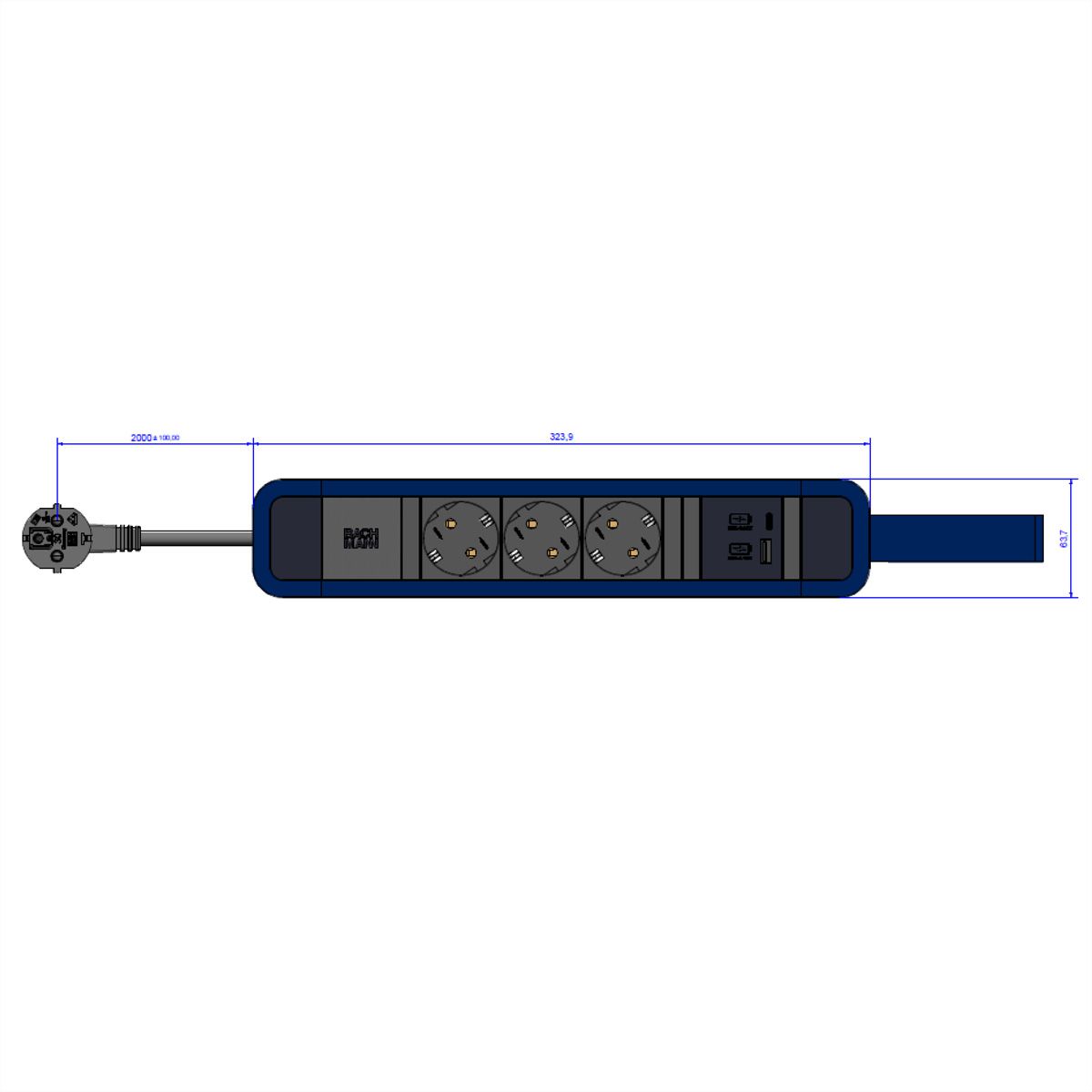 BACHMANN PRIMO 2 3xCEE7/3 1xUSB A/C 22W 2m CEE7/7 mit Schlaufe RAL5010