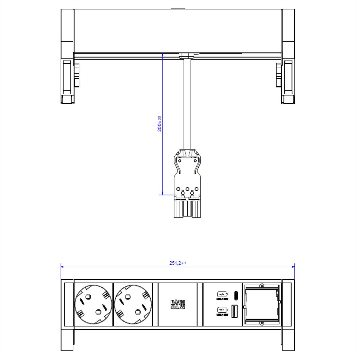 BACHMANN DESK2 2xSchutzkontakt USB A&C, USB Charger 22W 1xABD 0,2m GST18 weiss