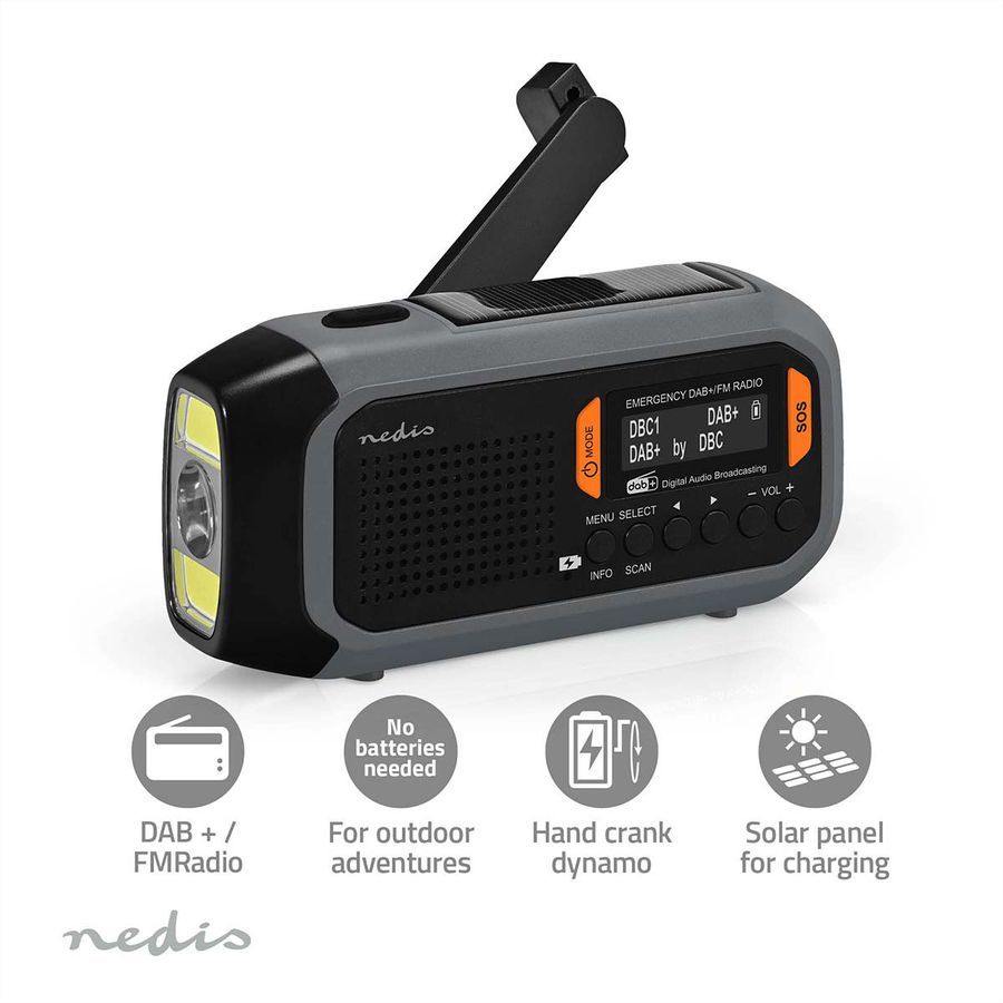 Nedis Notfallradio DAB FM mit Handkurbel Solarpanel und Powerbank, Tragbares Notfallradio fuer Notfaelle, Camping und Outdoor Anwendungen