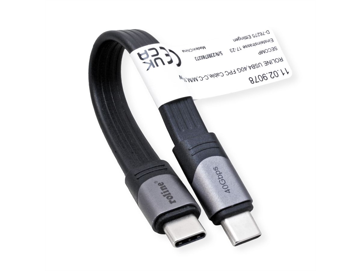 ROLINE Câble USB4 Gen3x2, C-C, M/M, 8K UHD-2, 40Gbit/s, 100W, plat, noir, 15 cm