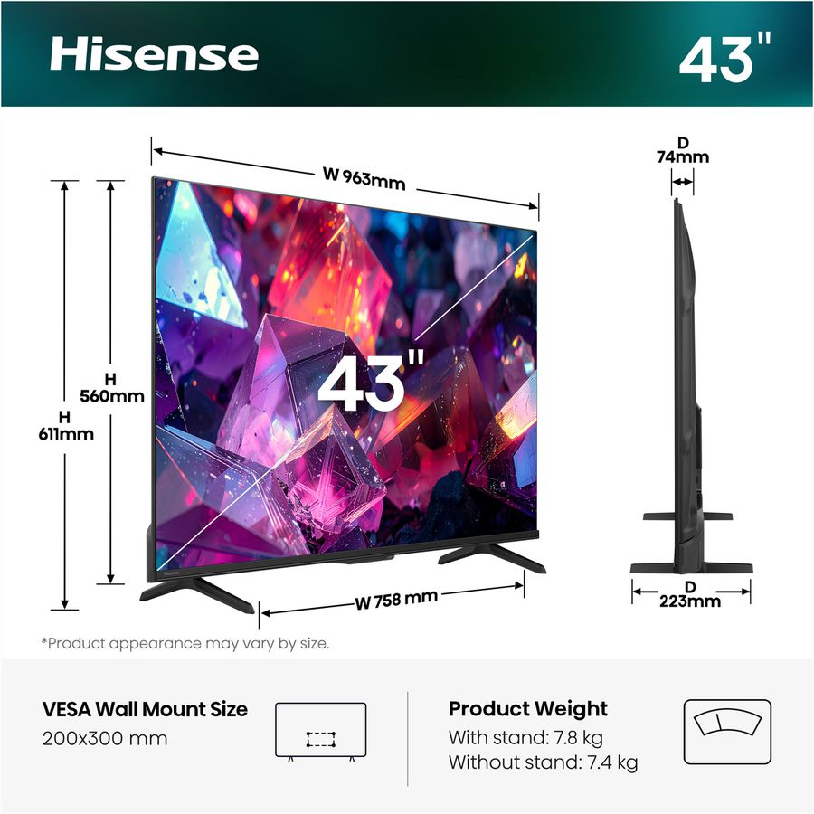 Hisense TV 43E7S PRO 43", QLED 4K, 144Hz, 300 Nits