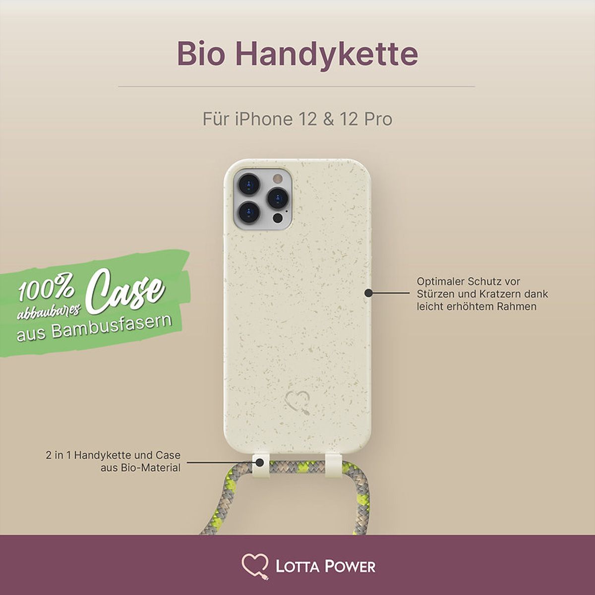 Lotta Power SoftCase Handy-Kette iPhone 12/12 Pro Beige/Sandstone,organic