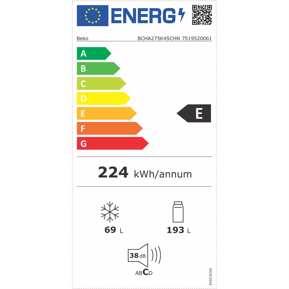 Beko Kühl-Gefrierkombination Einbau BCHA275K4SCHN, E, 262l