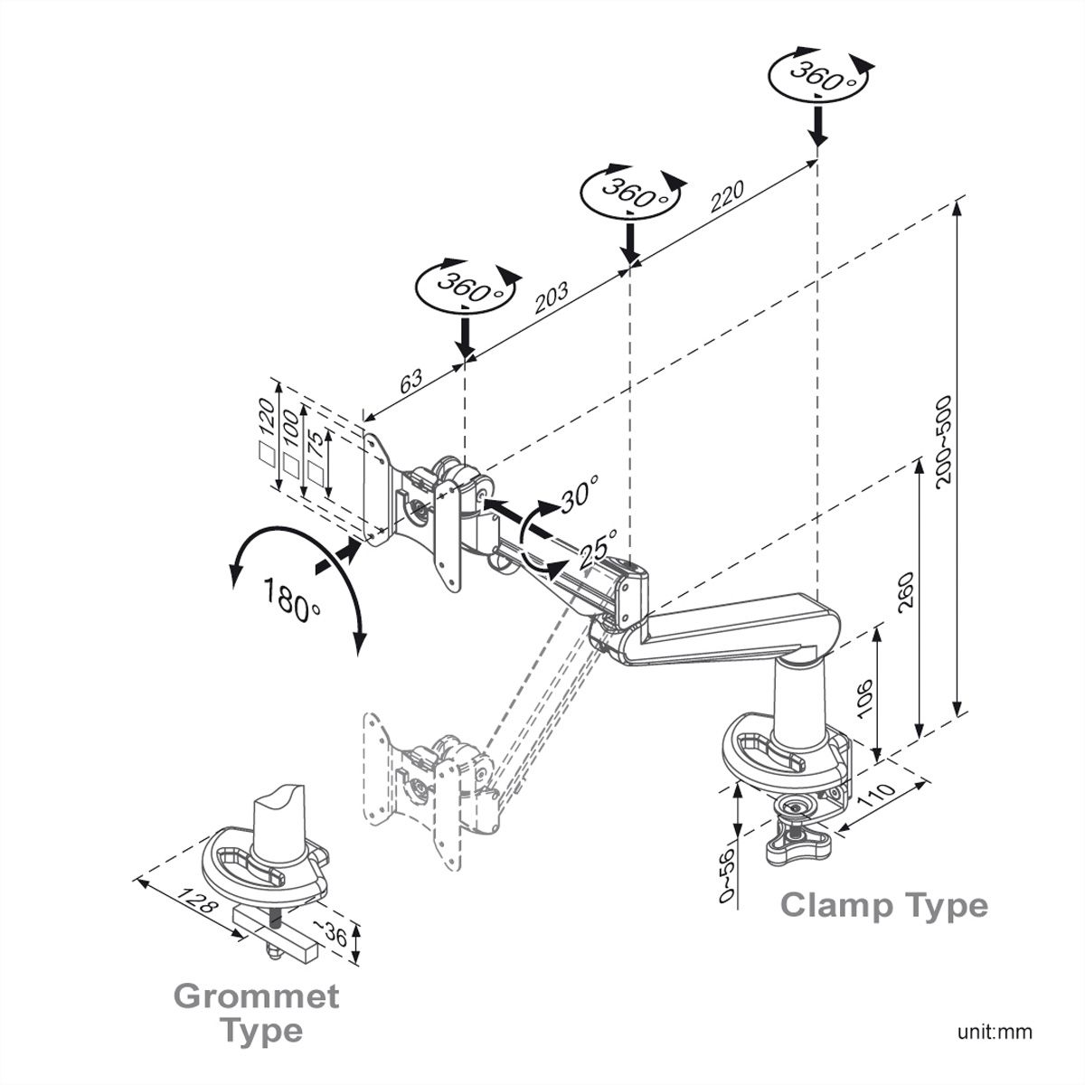 ROLINE LCD-Arm, Tischmontage, Gasfeder, 5 Gelenke, bis 8 kg