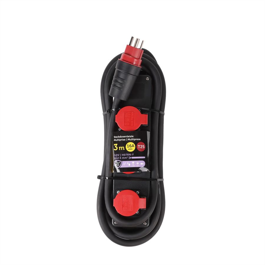 Steckdosenleiste Kunststoff 3xT25 IP55 , mit 3m Kabel H07RN-F 5G2.5mm2 , schwarz