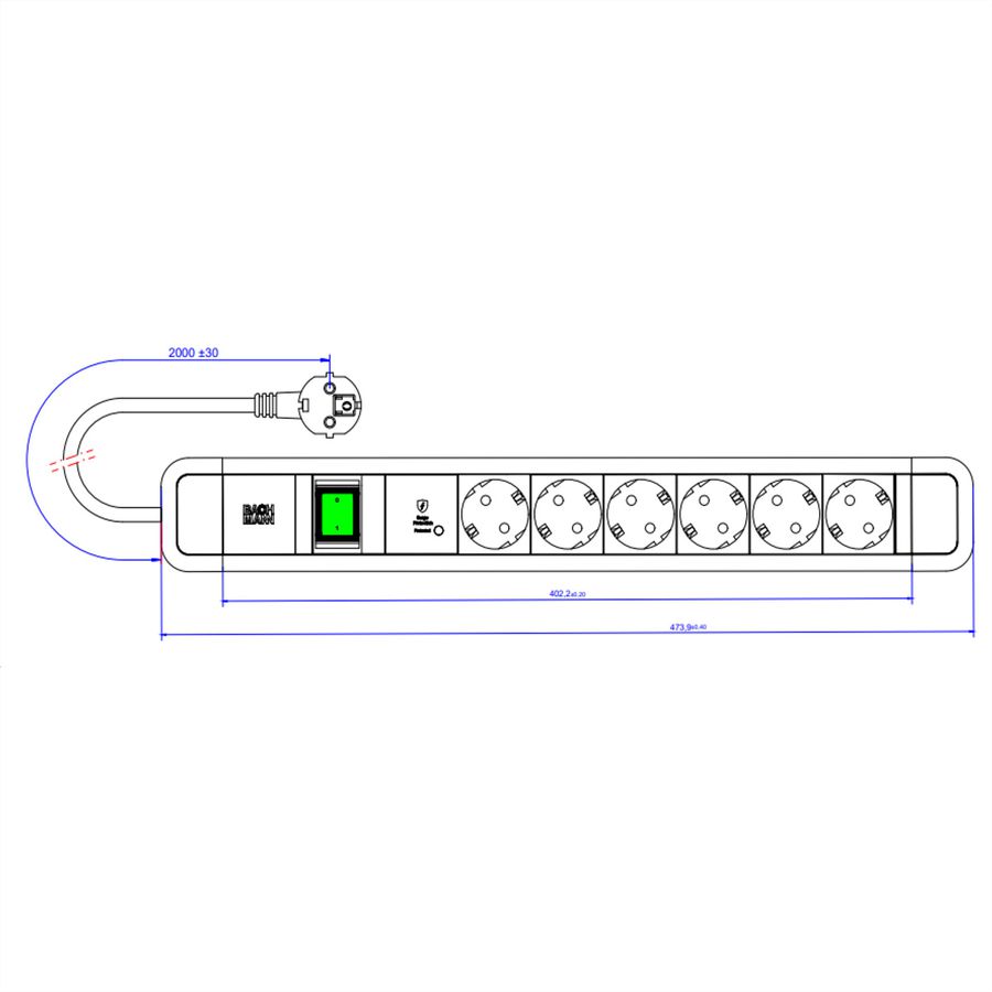 BACHMANN PRIMO 2 6xCEE7/3 1xSPD-Plus 1xinterrupteur 2,0m CEE7/7