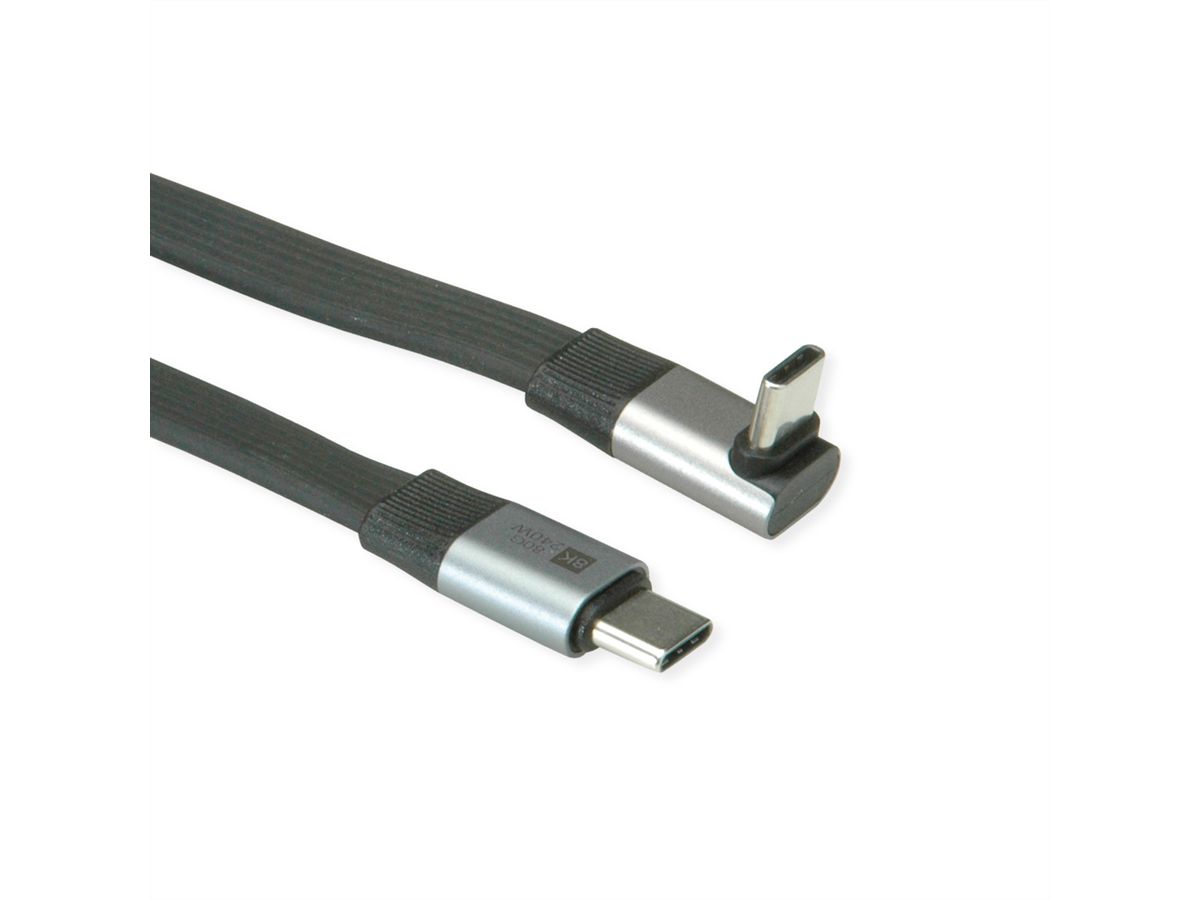 ROLINE Câble USB4 2.0 plat, C–C, M/M, un côté coudé à 270°, 8K UHD-2, 80Gbit/s, 240W, noir, 0,8 m