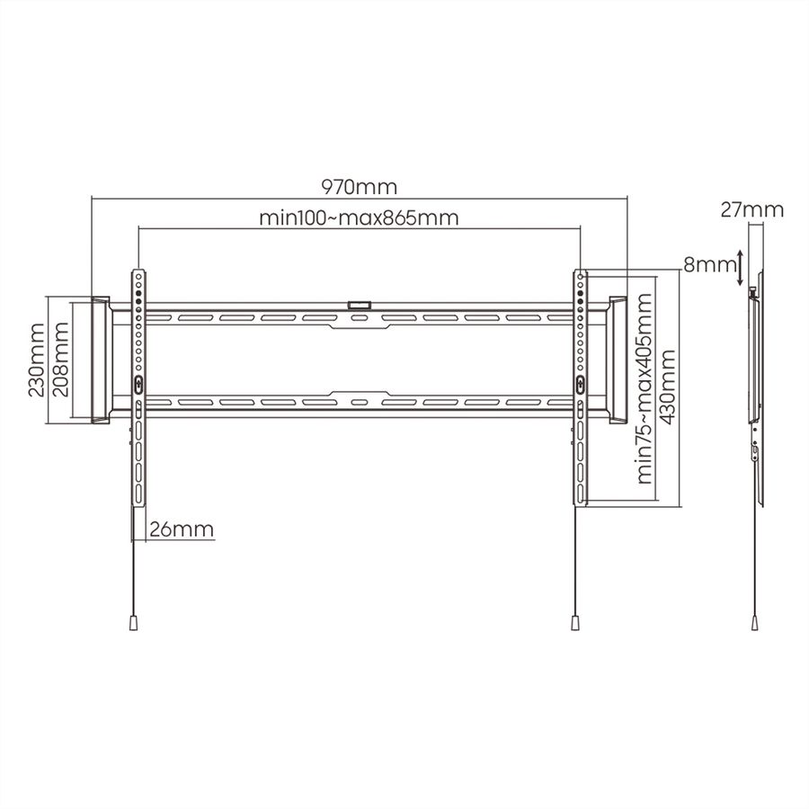 VALUE Support mural TV, distance murale de 27 mm, fixe, 43–90 pouces, jusqu'à 75 kg