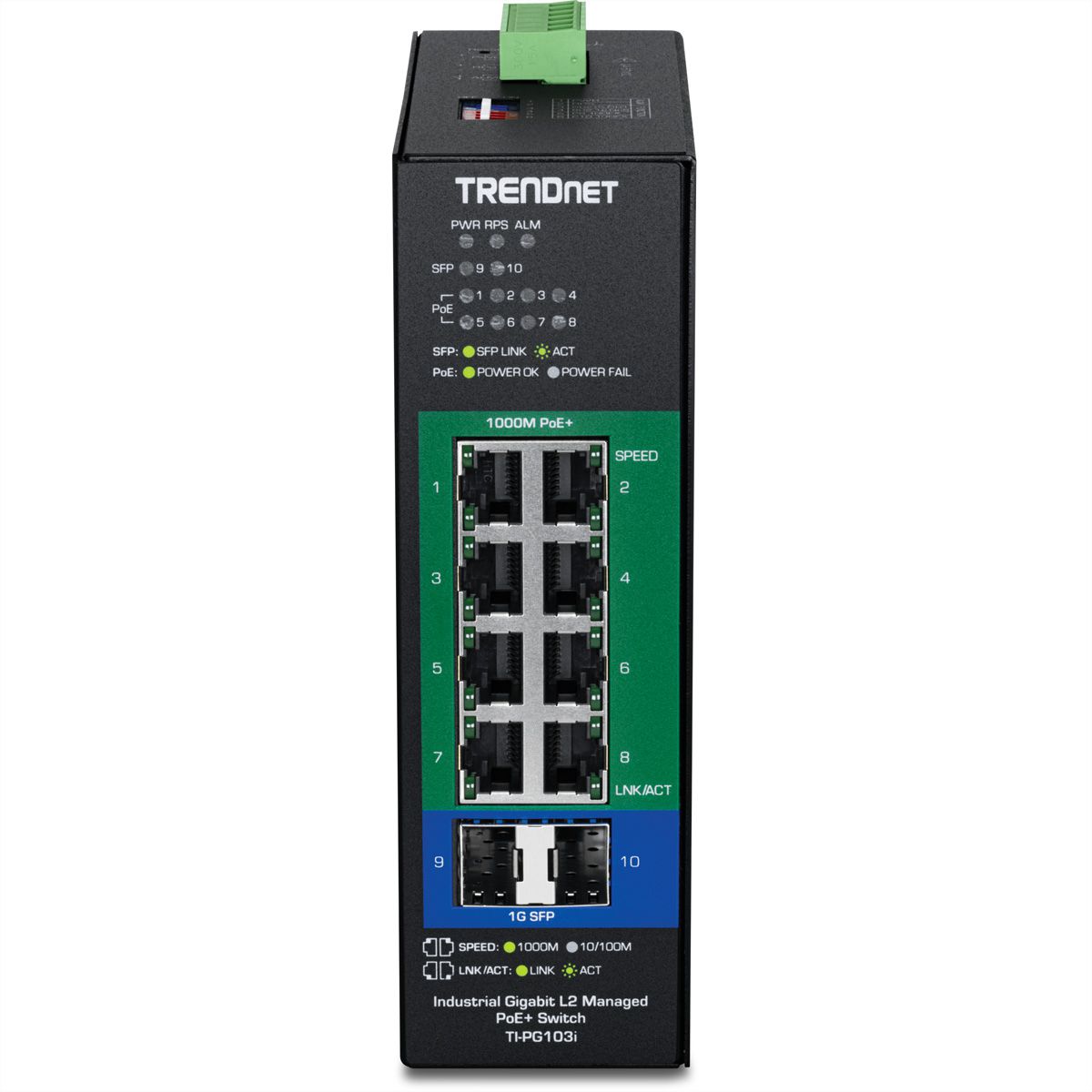 TRENDnet TI-PG103i Switch industriel Rail DIN administrable PoE+ Gigabit L2 à 10 ports, 24-57V