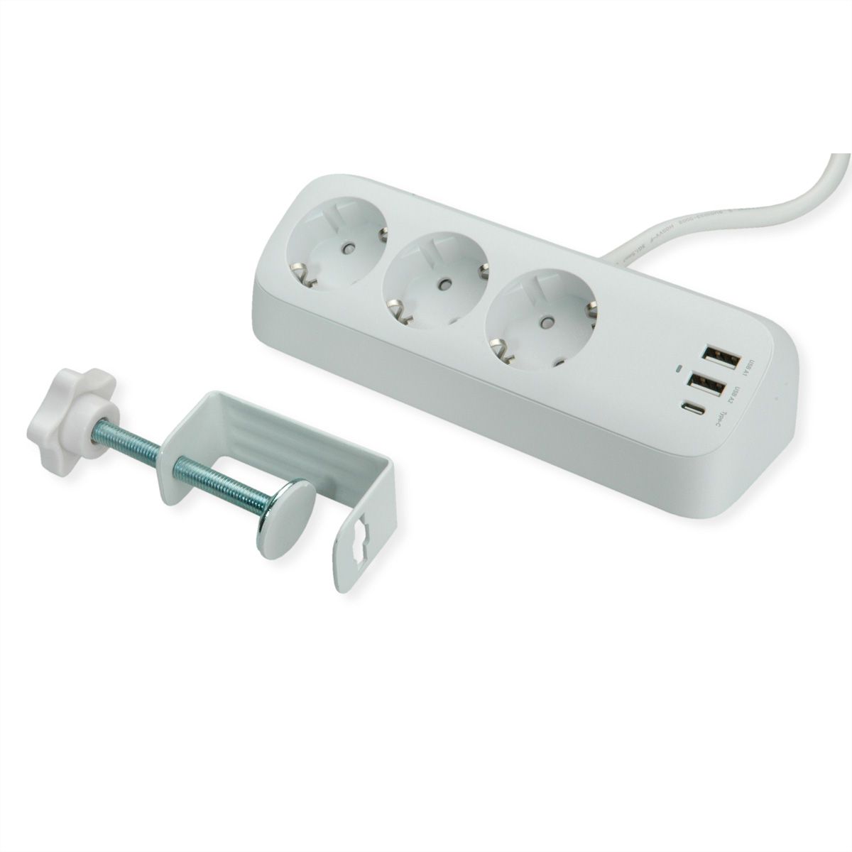 VALUE Tisch-Steckdosenleiste, 3fach mit Tisch-Klemme, inkl. USB-Charger (2x USB-A, 1x USB-C), 1,5 m