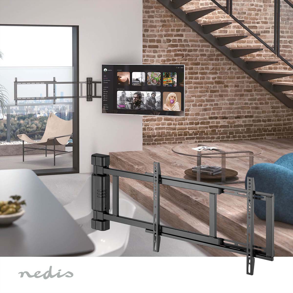Nedis motorisierte TV-Wandhalterung 32–75" schwarz, Mur, 50 kg, orientable 170°
