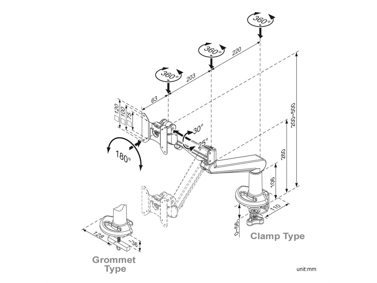 ROLINE LCD-Arm, Tischmontage, Gasfeder, 5 Gelenke, bis 8 kg