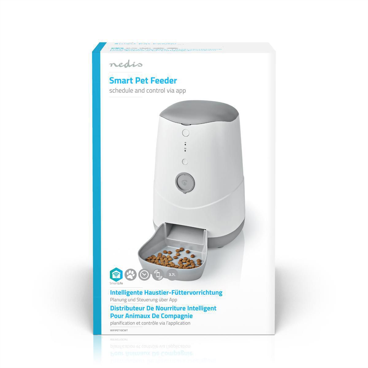 Distributeur de nourriture Nedis SmartLife Wi-Fi 3,7 l pour chiens et chats, Android™ / IOS, Blanc, Gris