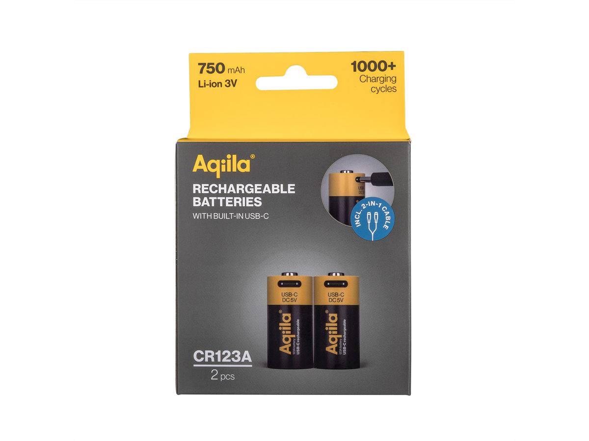 Aqiila USB-C Batterie CR123A 2x, 750 mAh, 3 V