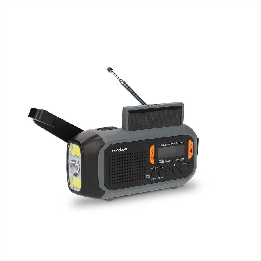 Nedis Notfallradio DAB FM mit Handkurbel Solarpanel und Powerbank, Tragbares Notfallradio fuer Notfaelle, Camping und Outdoor Anwendungen