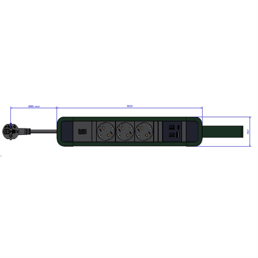 BACHMANN PRIMO 2 3xCEE7/3 1xUSB A/C 22W mit Schlaufe 2m CEE7/7 RAL6028