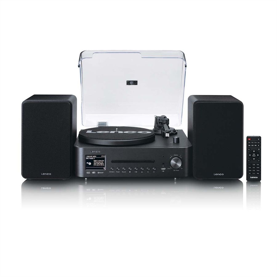 Lenco MC-760BK - Chaîne hi-fi stéréo avec platine vinyle et haut-parleurs, CD, MP3, BT, USB, RC