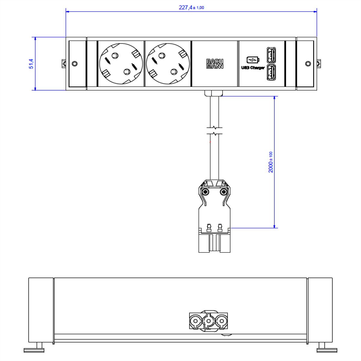 BACHMANN DESK RAIL 2x Schutzkontakt 1x USB Charger