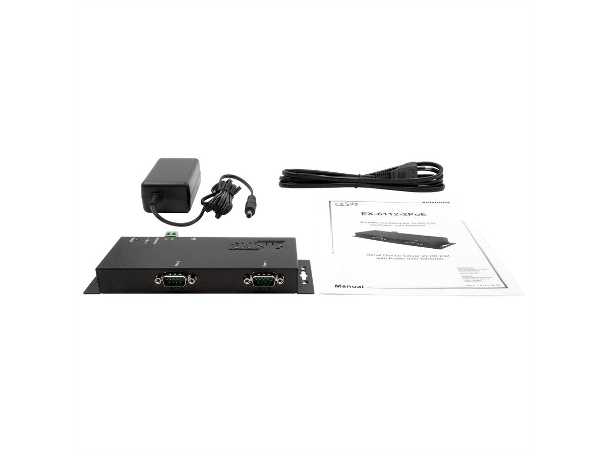 EXSYS EX-6112-2PoE Ethernet zu Seriell 2 x RS-232 mit 9 Pin Stecker