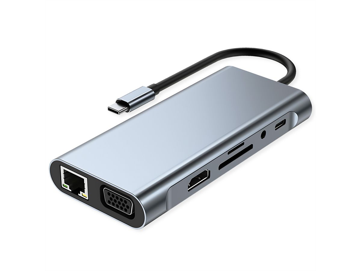 VALUE Station d'accueil USB type C, HDMI 4K60, VGA, 1x Gigabit Ethernet, 2x USB A + type C PD, 1x SD/microSD, 1x audio