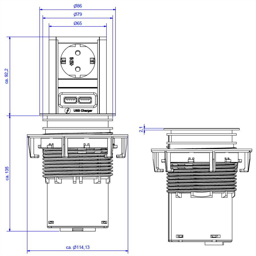 BACHMANN ELEVATOR 1xCEE7/3 1xUSB Charger 2,0m AEH RAL9005