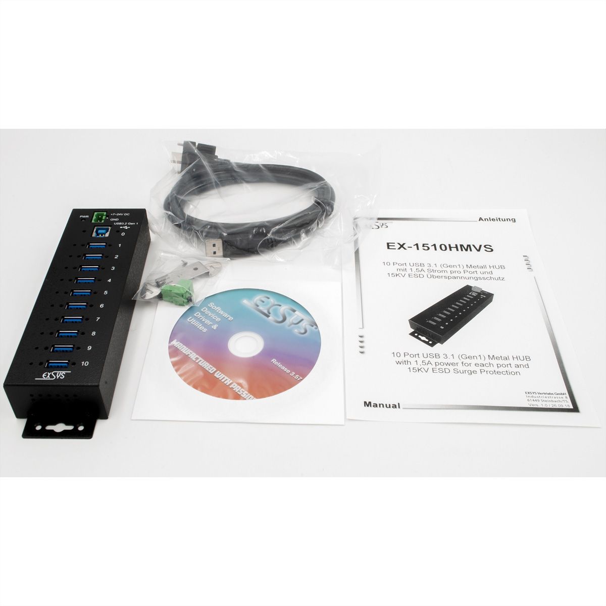 EXSYS EX-1510HMVS Hub métallique USB 3.2 Gen1 à 10 ports, protection de surtension 15KV ESD
