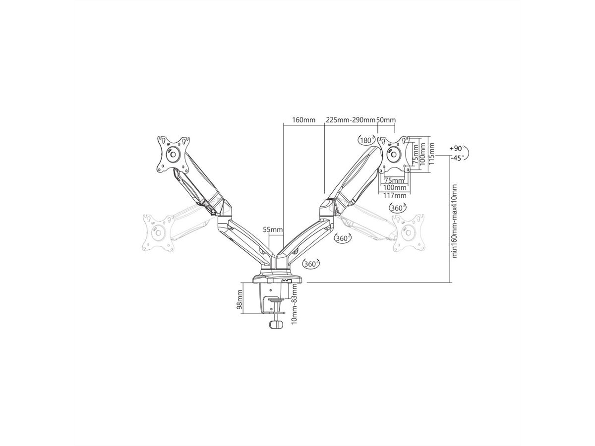 VALUE Dual LCD-Arm, Tischmontage, Gasfeder, 5 Gelenke, bis 2x 6,5 kg, schwarz