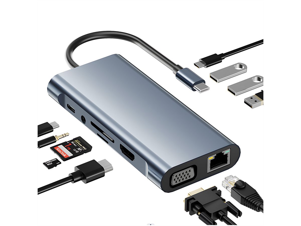 VALUE Station d'accueil USB type C, HDMI 4K60, VGA, 1x Gigabit Ethernet, 2x USB A + type C PD, 1x SD/microSD, 1x audio