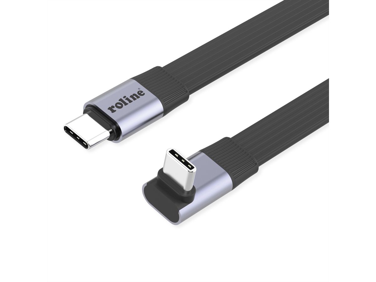 ROLINE Câble USB4 2.0 plat, C–C, M/M, un côté coudé à 270°, 8K UHD-2, 80Gbit/s, 240W, noir, 0,8 m